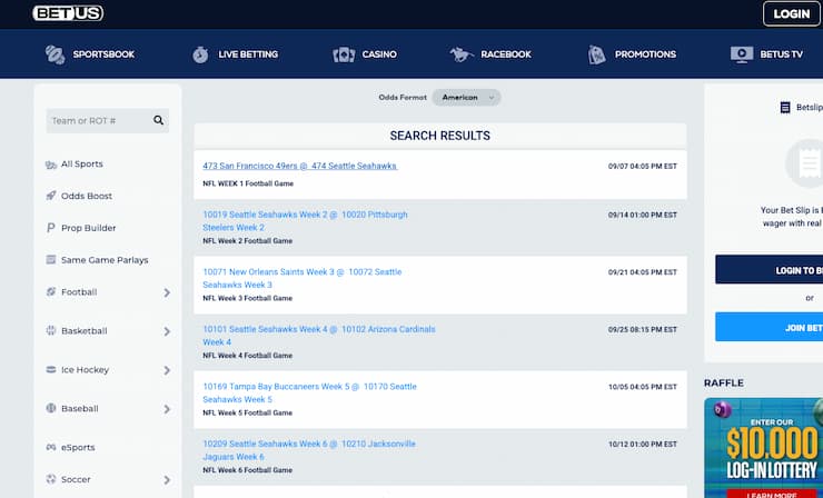 An image of the betting screen from BetUS, a popular online sportsbook in Alaska.